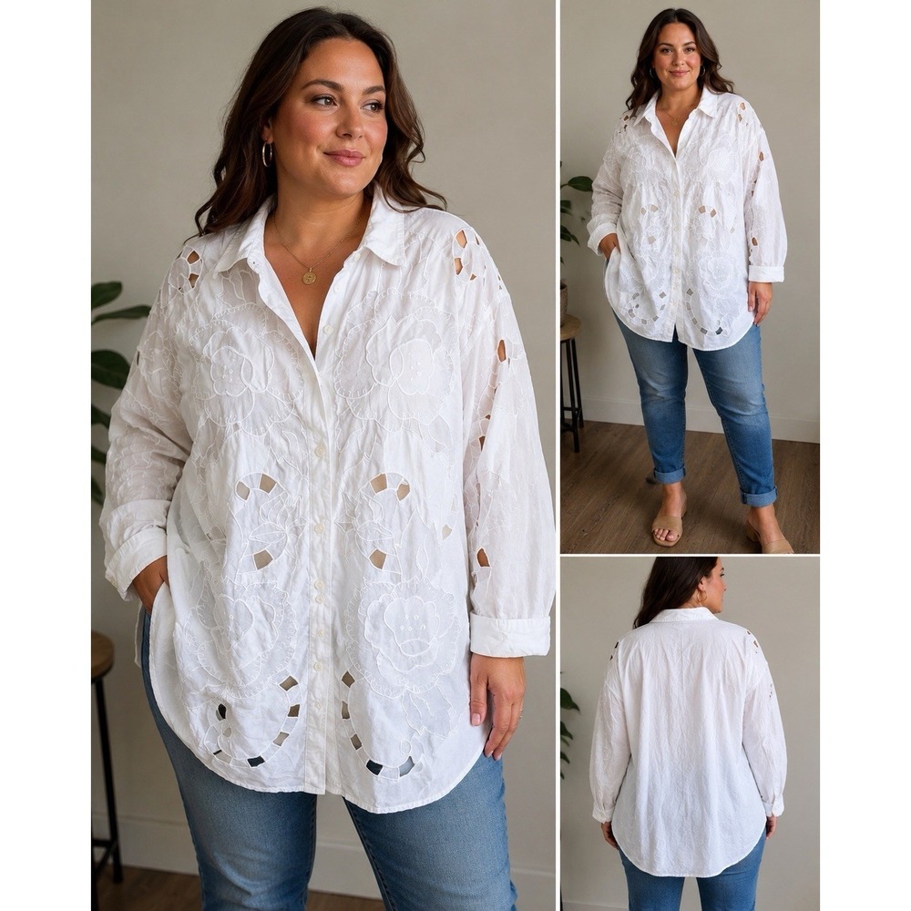 Florissant White Floral Cutwork Button Front Shirt Womens 3X Boho Cotton Top